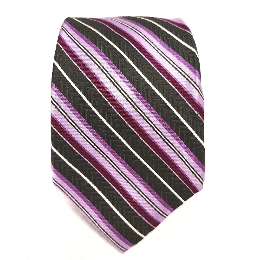 Alfred Sung Striped Tie 100% Silk Purple Black Gray Modern Business Wedding